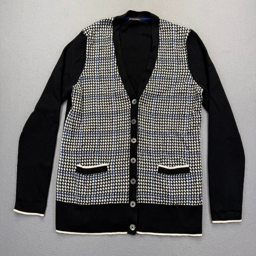 Brooks Brothers Cotton Merino Wool Houndstooth Cardigan Sweater Black Blue XL